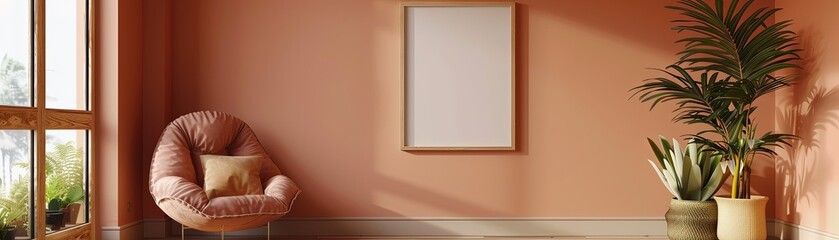 Cozy Living Room with Pink Armchair, Plant, and Blank Frame, frame mockup, 3d render, 3d illustrations.