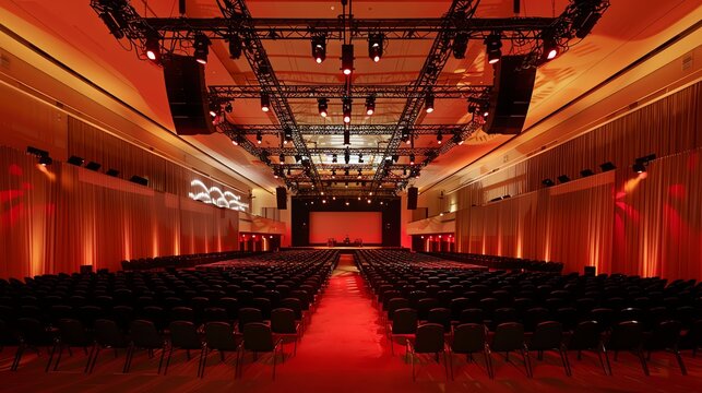Corporate event in a large hall with stage and seating