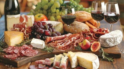 Gourmet Charcuterie Board with Assorted Cheeses, Meats, Fruits, and Red Wine on Rustic Table