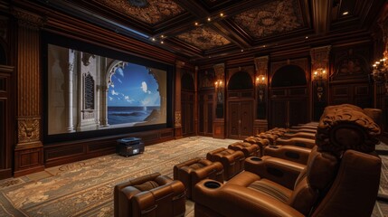 03060930 99 A high-end home theater setup with a massive screen, plush seating, and state-of-the-art audio systems for an immersive entertainment experience