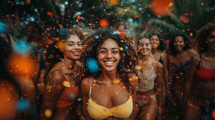Joyful Friends Celebrating Outdoors with Colorful Confetti