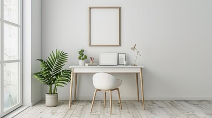 Minimalist Home Office with White Desk and Chair, frame mockup, 3d render, 3d illustrations.