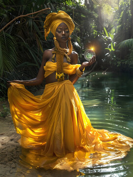 Graceful Oxum: Goddess of Fresh Waters in Golden Glow. Umbanda Brazilian Entity
