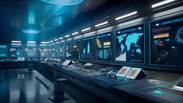 Central control room interface with multiple monitors displaying various SCADA systems. Screens display real-time data graphs, alerts and health indicators