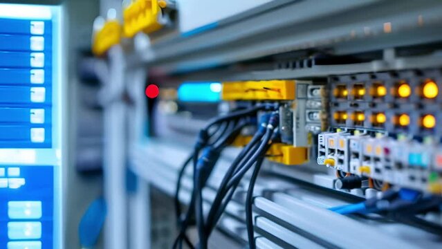 A close-up of a programmable logic controller PLC with cables connected to various inputs and outputs. LEDs indicate active operation