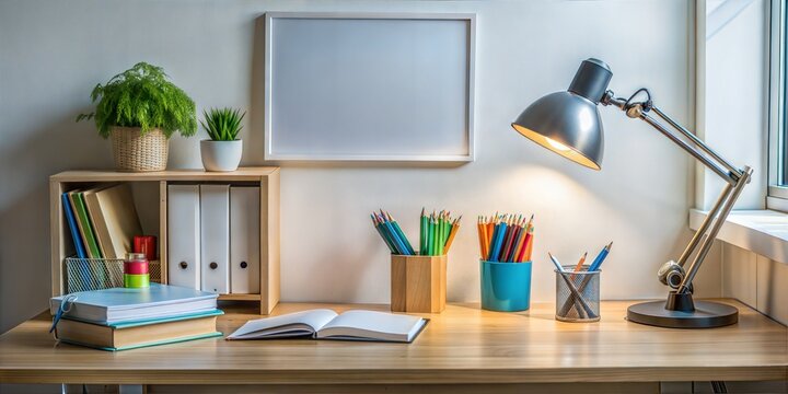 Wellorganized study space with books, stationery, and plants, featuring empty picture frames ready for personal customization, background with copy space