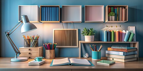 Contemporary work and study space featuring neatly arranged bookshelves, desk with open books, and various colorful stationery items, background with copy space