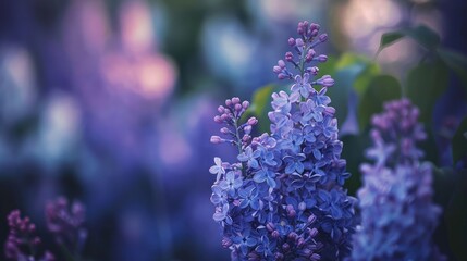 Close-up of blooming lilacs with a blurred garden background, emphasizing the rich color and texture of the flowers
