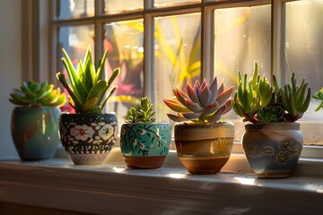 Colorful Succulent Plants in Pots on a Window Sill with Warm Light
