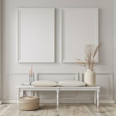 Minimalist White Interior Design With Bench and Dried Flowers, frame mockup, 3d render, 3d illustrations.
