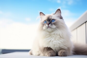 Portrait of a smiling ragdoll cat over minimalist or empty room background