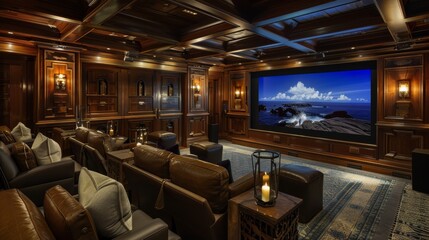Luxurious Home Theater Experience with Massive Screen, Plush Seating, and State-of-the-Art Audio