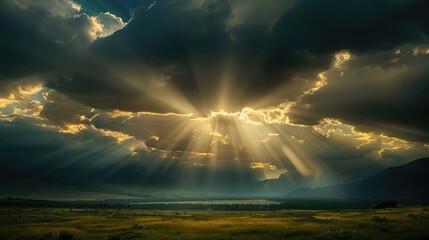 Dramatic dark sky with sun breaking through the clouds, casting God rays over a serene landscape