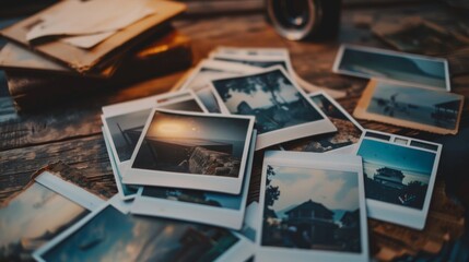 Vintage polaroid photographs on wooden table
