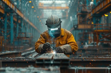 Worker in uniform and protective masks  welds the structure on the construction, AI generated