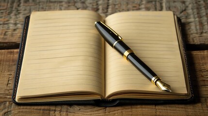 Open notebook with a black pen resting on its pages on a rustic wooden table, perfect for writing, journaling, and note-taking imagery.