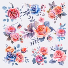 Beautiful romantic flower collection with roses, leaves, floral bouquets, flower compositions