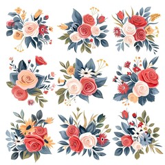 Beautiful romantic flower collection with roses, leaves, floral bouquets, flower compositions