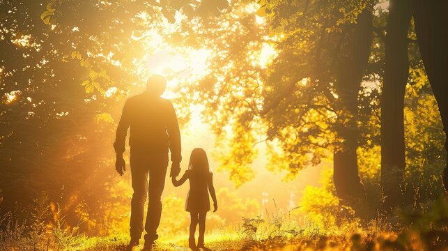 Father and child holding hands on a sunlit pathway in a lush garden, symbolizing the strong bond and guidance provided by a parent in nature's embrace