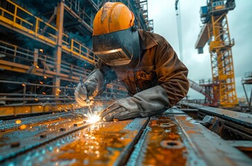 Worker in uniform and protective masks  welds the structure on the construction, AI generated
