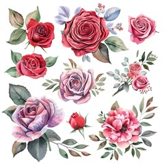 Naklejka premium Beautiful romantic flower collection with roses, leaves, floral bouquets, flower compositions