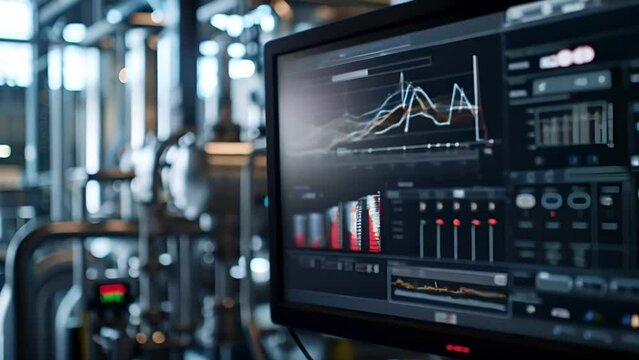 A close-up of a computer monitor displaying industrial data visualizations in a factory setting. The screen displays graphs, charts, and gauges indicating real-time monitoring of various processes