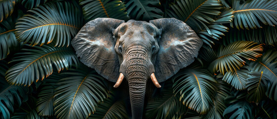 Close-up of an elephant's face surrounded by lush green leaves, capturing the essence of wildlife and nature in vivid detail.