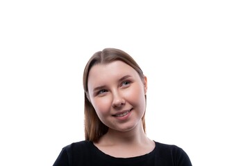 Cunning schoolgirl with blond hair on a white background