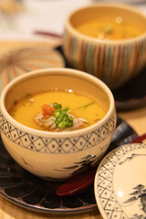 Japanese chawanmushi topped with cod pieces, photographed in Fukuoka, Japan