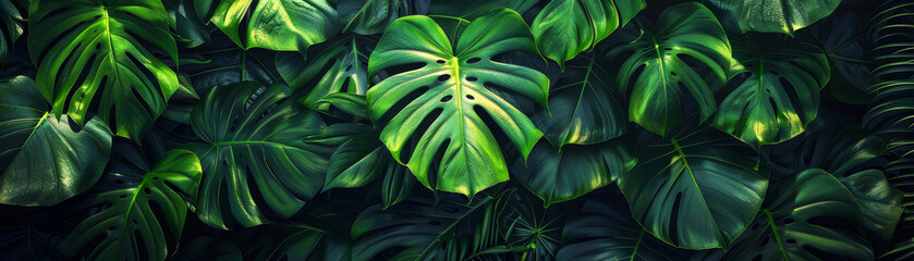 Lush green monstera leaves creating a vibrant tropical background, perfect for nature, botanical, or jungle-themed designs.