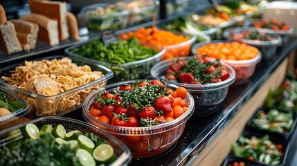 Fototapeta premium An appetizing display of healthy school meals in a cafeteria setting, including fresh salads, sandwiches, and fruit cups, a clear header at the top for catchy slogans or meal plan details 