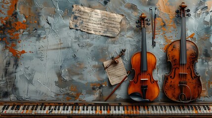 An artistic display featuring a guitar, violin, and piano keys with scattered sheet music and paintbrushes, a stage-like lower banner area for copy space, ideal for school music