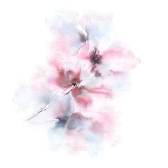 Gentle watercolor flowers for greeting card or wedding invitation decor. Loose watercolor painting with pink blue flower. 