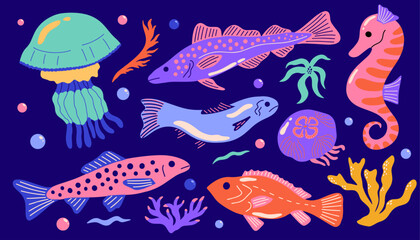 Obraz premium Set of various underwater colorful cartoon funky illustration of exotic fish, seaweed, jelly, algae, coral, jellyfish. Ocean, sea aquatic fauna and flora with different marine creatures, species