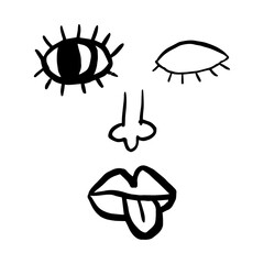 Funny face with one eye closed and tongue sticking out, doodles, vector illustration, naive line art