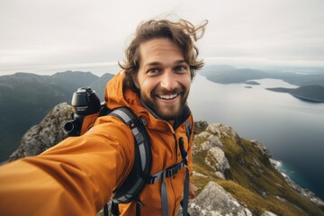 a happy person hiking in the mountain