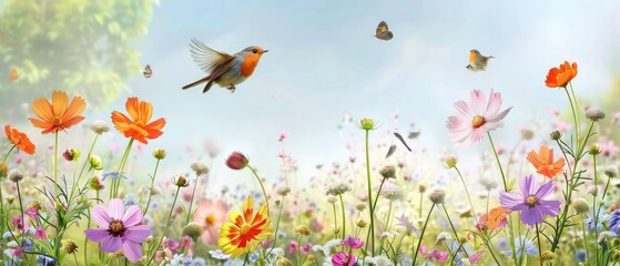 Fototapeta premium Birds and Flowers Birds perched on flowers or flying above the meadow