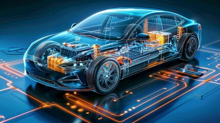 Fototapeta premium Electric car technical cutaway with all main details of EV system
