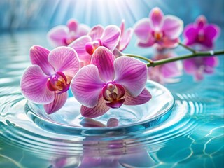Pink orchids floating in clear water, spa relaxation concept, orchids, pink, flowers, water, spa, relaxation, beauty, serene, floral, Zen, tranquility, calm, peaceful, therapy, petals