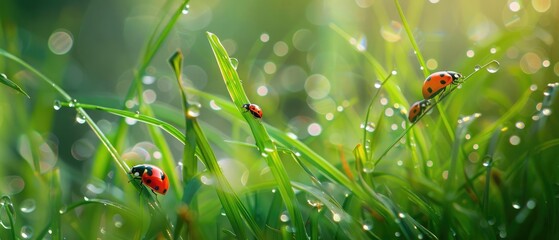 Blades with Insects Small insects like ladybugs or butterflies on dewy grass, adding life to the scene