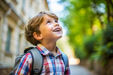 Young boy with backpack looking up in excitement on family vacation, excited, joy, happy, travel, adventure, holiday, kid, childhood, exploration, outdoors, leisure, journey, wanderlust, fun