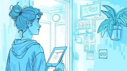 Person interacting with a smart home security system on a tablet, cyberpunk, blue tones, digital painting, detailed background