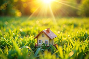 Miniature house model in a vibrant green field with sunlight filtering through , Model, house, miniature, vibrant, green, field, sunlight, filtering, nature, architecture, tiny, small