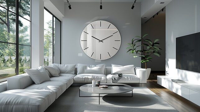 A large, minimalist wall clock with a bold, monochromatic design, serving as a striking focal point on one of the living room walls. shiny, Minimal and Simple,