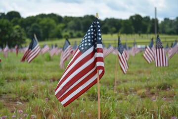 American flags in a field during Memorial Day celebration, honoring the memory of fallen soldiers with patriotic spirit and national pride.