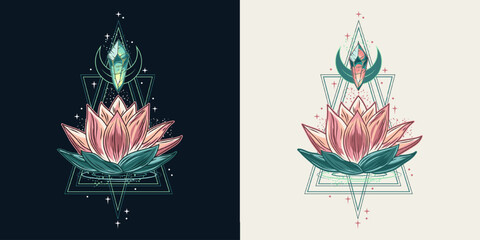 Colorful vertical composition with lotus flower, magic glowing crystal, outline triangular shapes. Mysterious, mystical concept for meditation, clear consciousness. Vintage style.