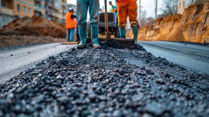 Fototapeta premium asphalt pavement workers working on an asphalt road, generative ai