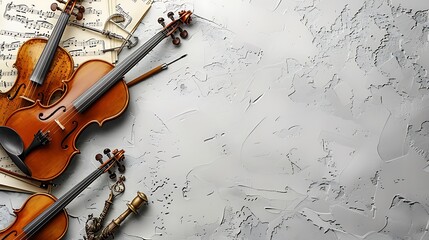 An inspiring arrangement of musical instruments such as a guitar, violin, and piano keys, with scattered sheet music and art tools, a clear lower banner area for text.