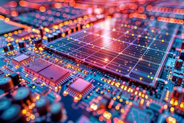 Obraz premium High-tech circuit board with red and blue lights, showcasing close-up of motherboard with solar panel and electronic components.