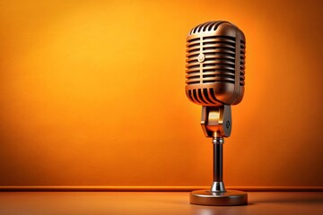 Abstract retro orange microphone with vintage aesthetic, technology, music, sound, recording, retro, condenser, communication, equipment, classic, iconic, antique, old-fashioned, nostalgia